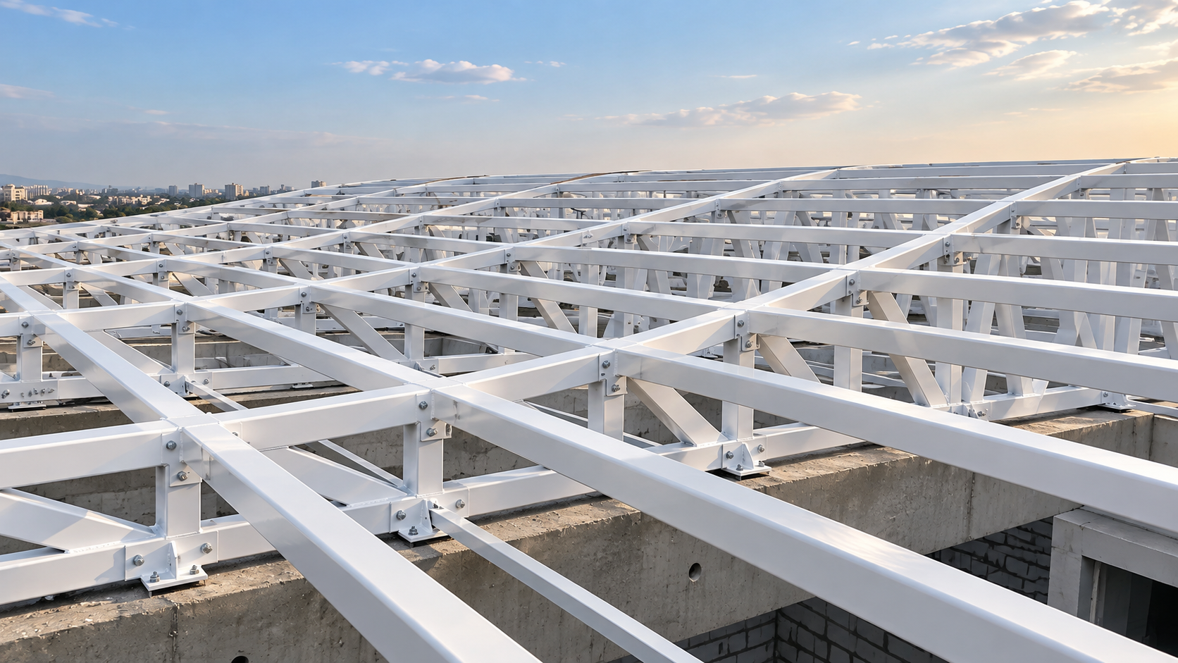 White steel roof framing and bolted connections