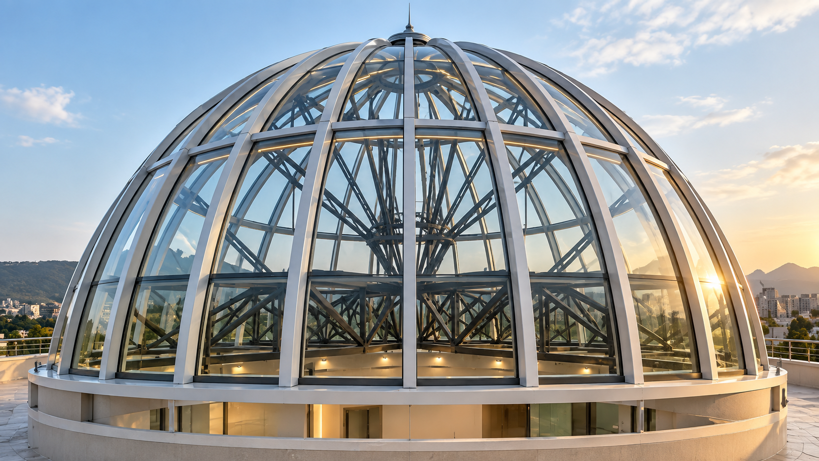 Steel and glass dome illuminated by the evening sun