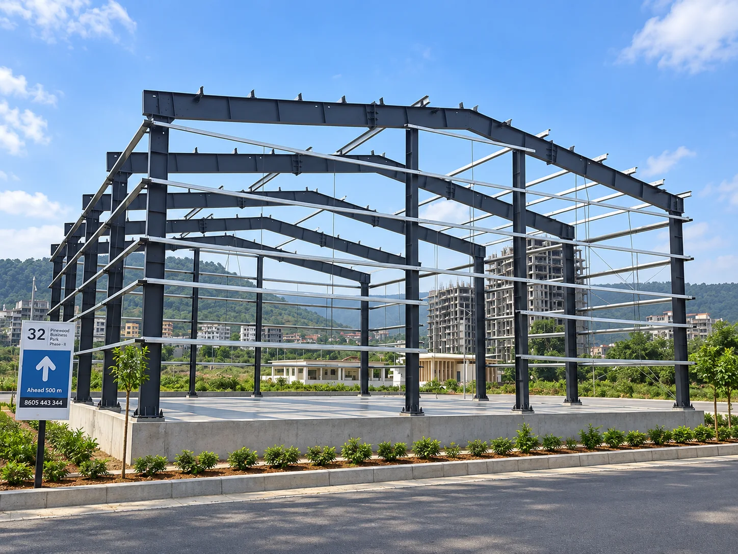 Exposed dark steel building frame with columns, pitched rafters and horizontal secondary members