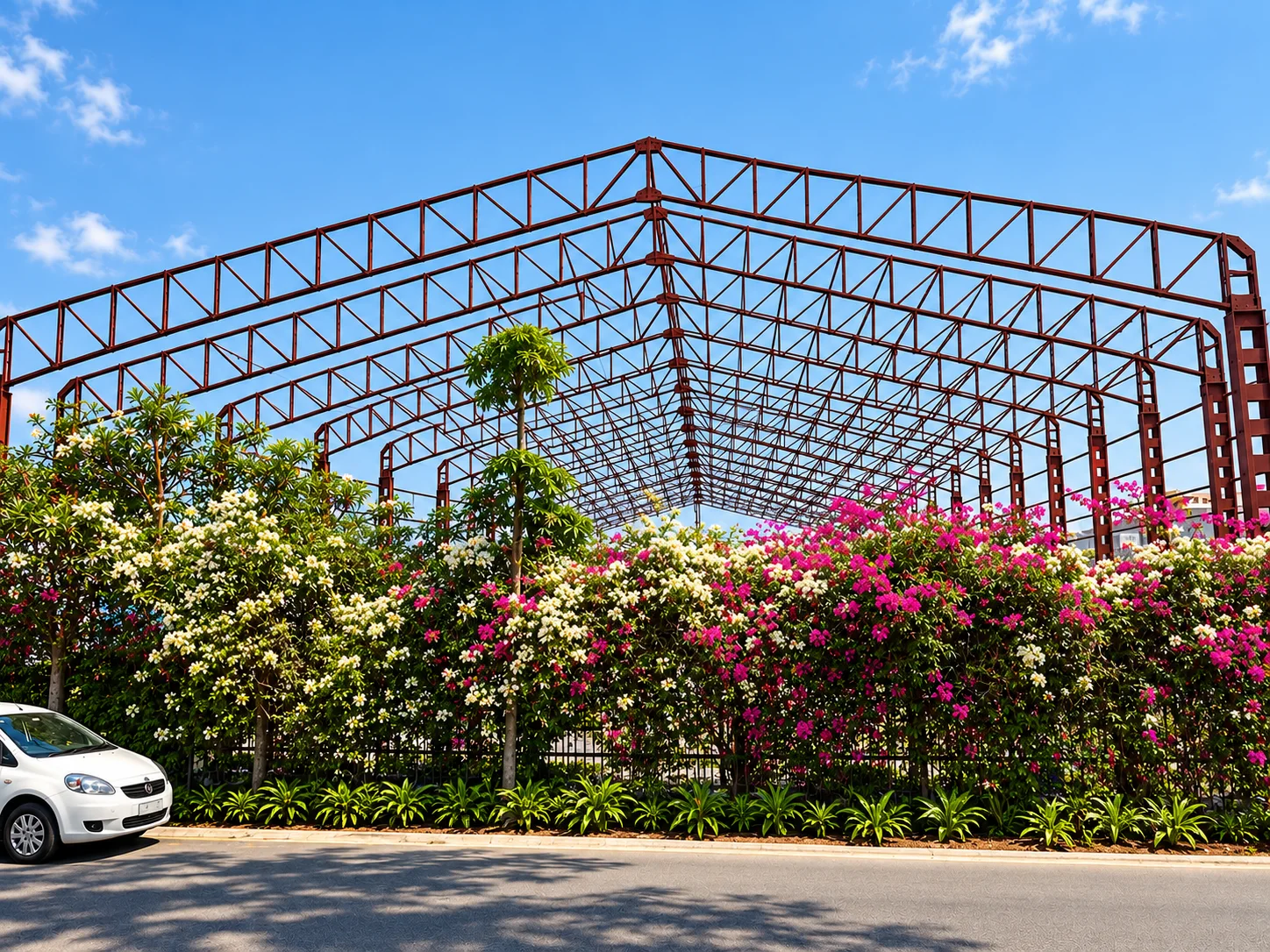 Exposed red steel roof trusses above flowering shrubs along a roadside