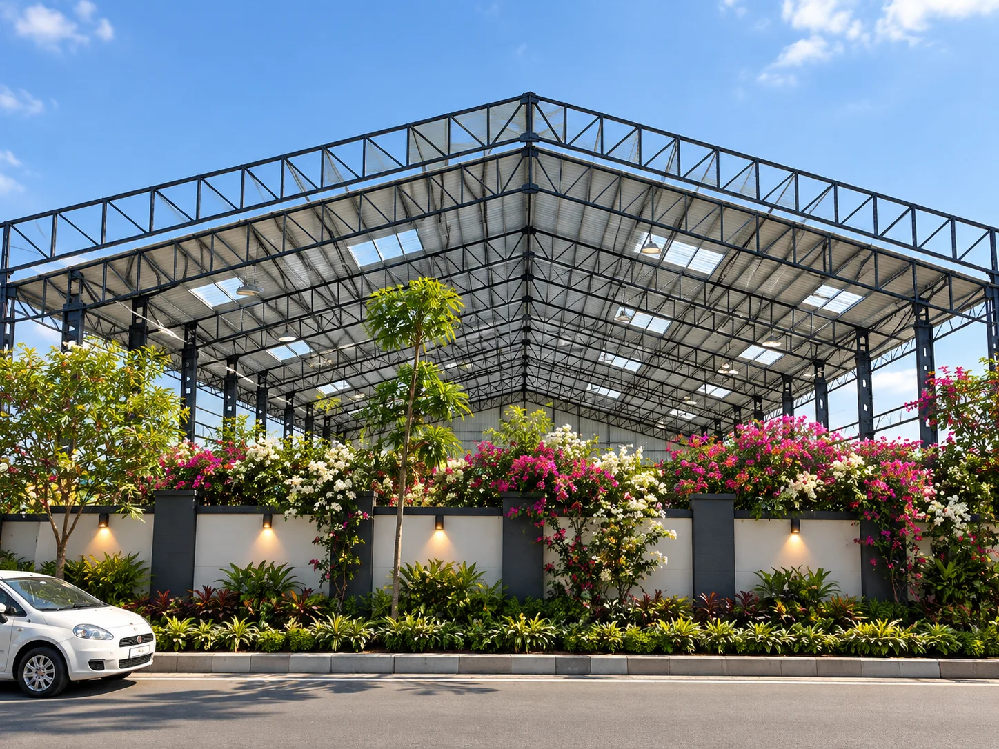 Roofed industrial steel structure with open sides behind a landscaped boundary wall