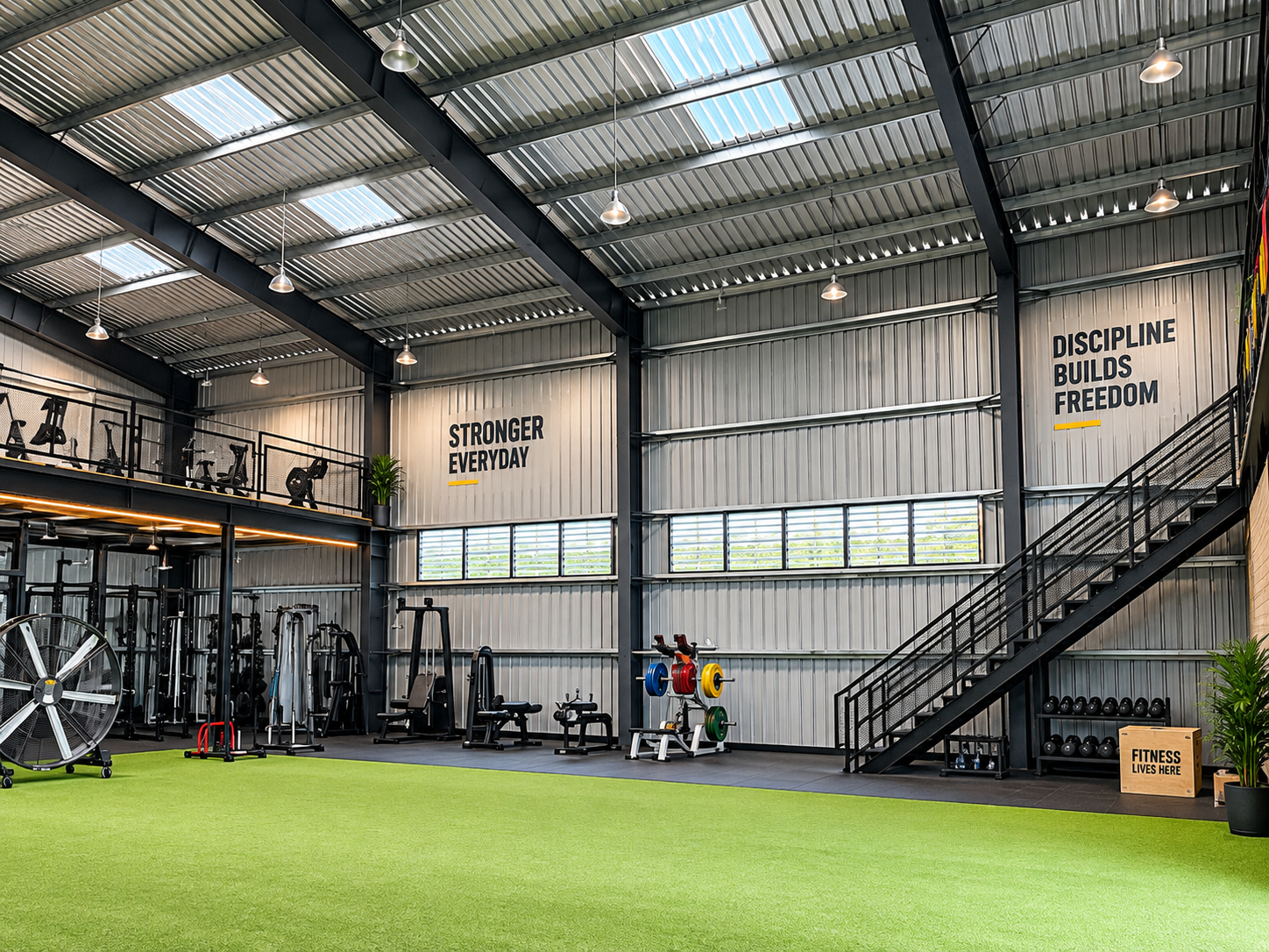 Fitness facility with exposed steel framing and mezzanine