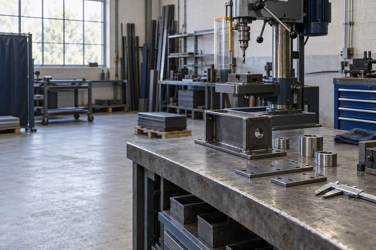 Illustrative workshop bench with welded components, drilled plates, turned bushings and an idle drill press