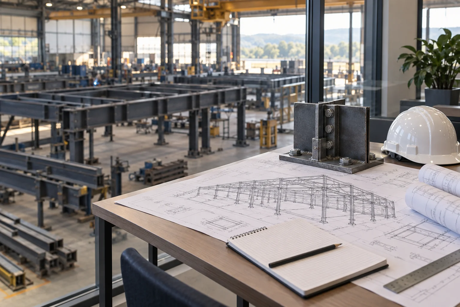 Illustrative project planning table with steel framework drawings, a connection sample and a hard hat overlooking a workshop