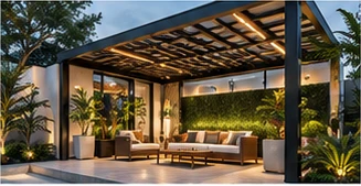 Illustrative modern outdoor metal pergola