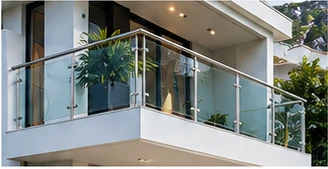 Illustrative glass balcony with metal railings