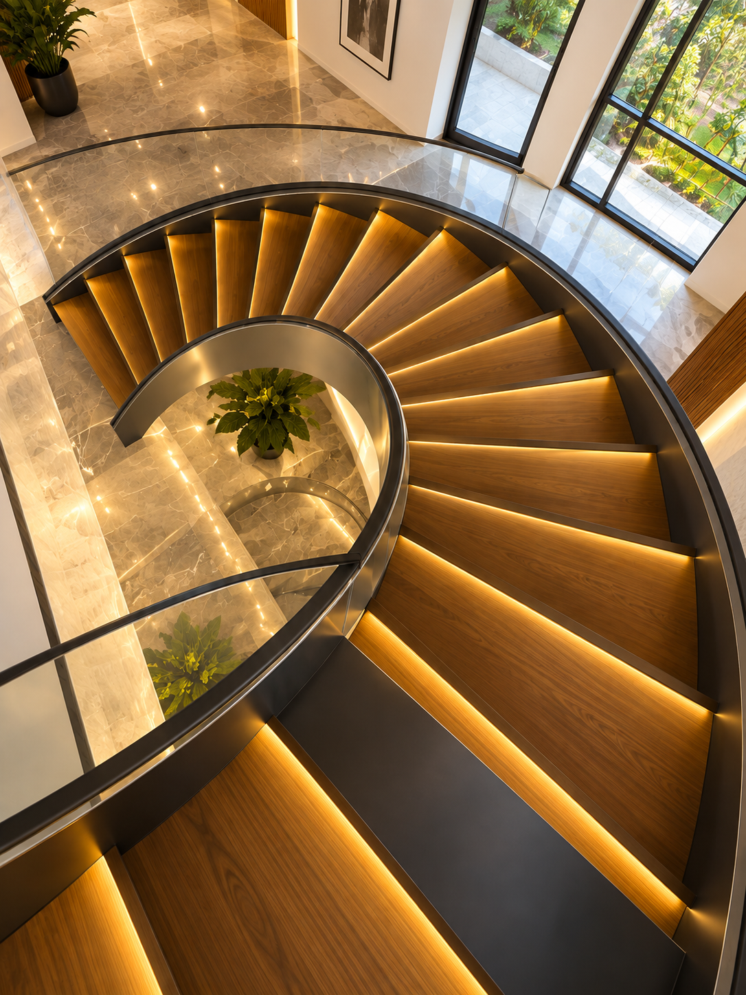 Illuminated timber stair treads within a curved steel and glass staircase